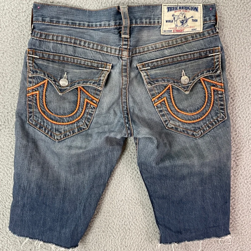 True Religion Straight Denim Shorts Mens 31 Blue Good Cutoff Horseshoe USA Made
